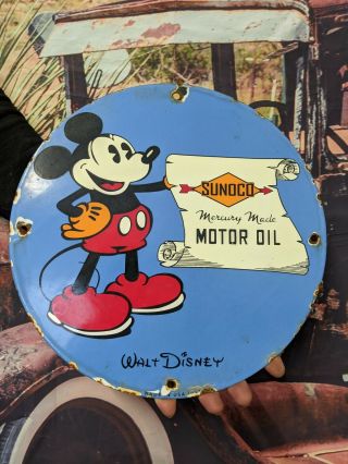 Old Vintage Dated 1933 Sunoco Motor Oil Porcelain Gas Station Sign Mickey Mouse