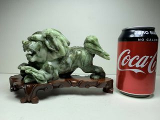 Imperial Guardian Lion Foo Dog Soap Stone Statue On Wooden Stand