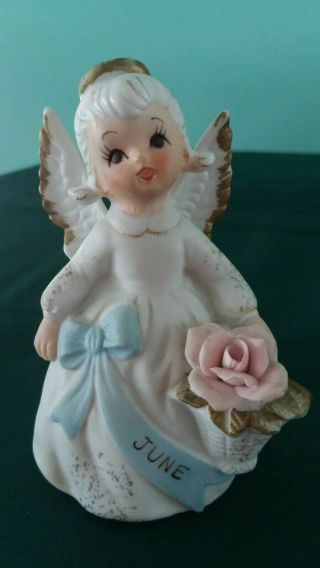 Vintage Lefton June Angel Figurine With Rose 3332 Monthly Angel Foil Sticker Vg