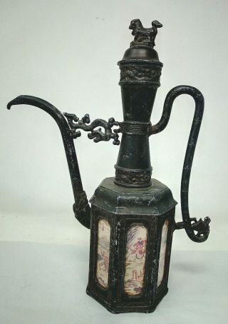 Antique Chinese Pewter Teapot Coffee Pot With Hand Painted Scenes & Glass Panels