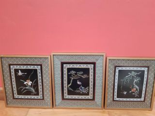 Set Of 3 Vintage Hand Embroidered Chinese Silk Framed & Glazed Pictures