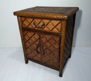 Vintage Palm Woven Wicker Rattan End Table Cabinet Nightstand Boho Chic Asian