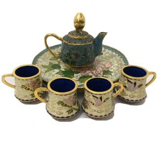 Miniature Tea Set With Teapot Chinese Cloisonne Brass Vintage Birds Flowers
