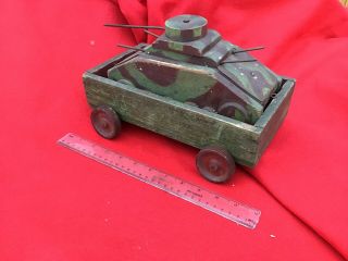Vintage Ww2 Trench Art Wooden Tank And Pull Along Trailer