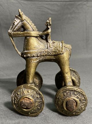 Antique Vintage India Temple Brass Devotional Shrine Toy Rider Horse On Wheels