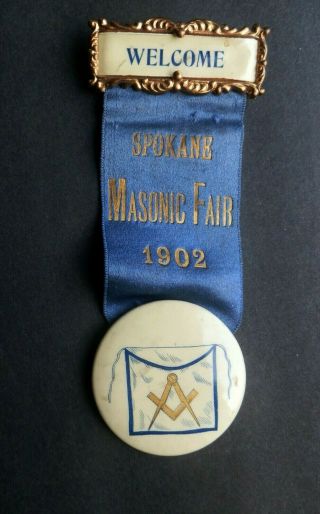 C 1900 Celluloid Pinback Button Badge Spokane Masonic Fair