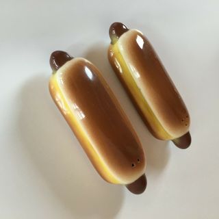 Fun Vintage 1960s Ceramic Hot Dog Salt And Pepper Shakers W/o Plugs