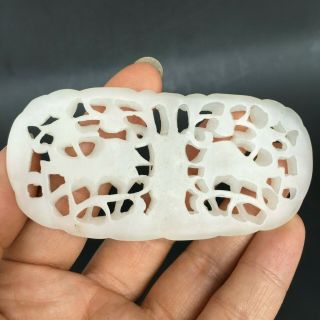 Chinese Antique White Jade Hand Carved Hollow Out Deer Plaque Pendant 2
