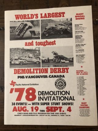 Worlds Largest & Toughest Demolition Derby 1978 Pne - Vancouver Canada Flier