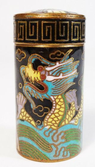 Antique - Vintage Chinese - Japanese Cloisonne Enamel Cylinder Dragon Pill Box