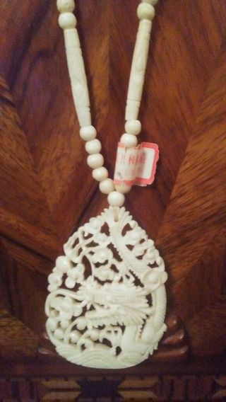 Antique Chinese Hand Carved Of Bovine Bone Necklace