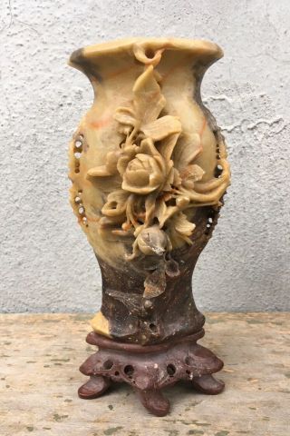 Antique Vtg Chinese Soapstone Hand Carved Relief Vase Floral Soap Stone 8”