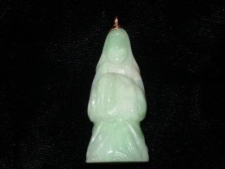 Vintage Chinese Light Green Carved Jade Kwan - Yin Lucky Pendant