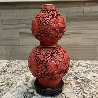 Vintage Chinese Carved Red Cinnabar Lacquer Jar Vase Flowers W/ Stand 10”
