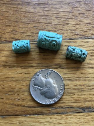 3 Vintage Old Stock Carved Chinese Turquoise Shou Beads 11 - 17mm