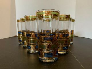 Vintage Mid Century Culver Empress Gold Green And Blue Glass Tumbler Set Of 8