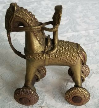 Antique Vintage India Brass Devotional Shrine Temple Toy Rider Horse On Wheels