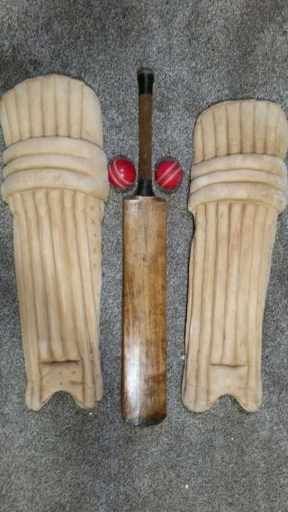 Vintage Jb Hobbs Cricket Pads,  Gradidge Bat And Balls
