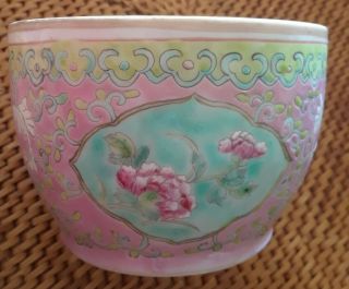 Antique Vintage Chinese Hp Porcelain Famille Rose Pink Aqua Bowl Chrysanthemum