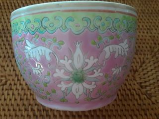 Antique vintage Chinese HP Porcelain FAMILLE ROSE pink aqua BOWL chrysanthemum 2