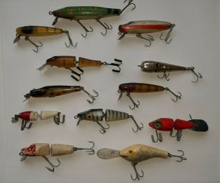 12 Vintage Wooden Fishing Lures,  Creek Chub,  South Bend,  Poes,  Smithwick