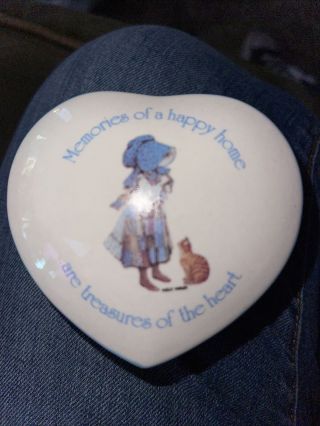 Vintage Holly Hobbie Blue Girl Stoneware Heart Shaped Trinket Box Made In Japan