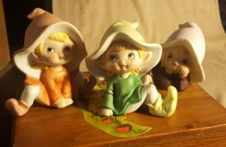Vintage Homco Set Of 3 Pixie Elves 5213 / Three Gnome Figurines Home Interiors