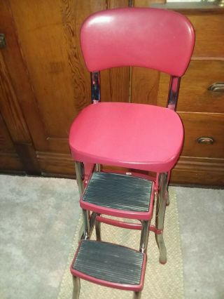 Vintage Cosco Red Chrome Kitchen Step Stool Chair,  Retro,  Counter,  Sliding Steps
