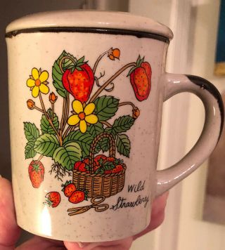 Wild Strawberry Stoneware Coffee Mug Tea Cup With Lid Cover Vintage 1970 Korea