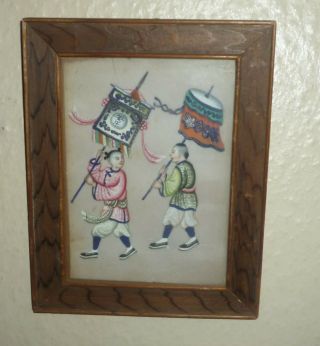 Antique Hand - Painted Chinese Figures On Rice Paper Framed