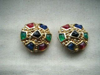 Vintage Signed Christian Dior Gold Tone Coloured Glass Stones Clip On Earrings