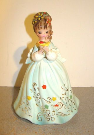 Vintage Josef Originals Girl In Blue Dress Holding Flower W/ Lady Bug Figurine