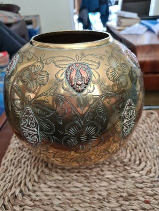 Vintage Heavy Brass Engraved Bowl Featuring Birds And Flowers