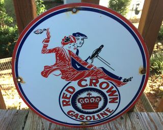 Vintage Red Crown Gasoline 12” Porcelain Sign Gas & Oil Sign