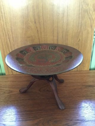 Retro Vintage Plant Stand Peacock Brass Tray Table On Wooden Legs /wall Hanging