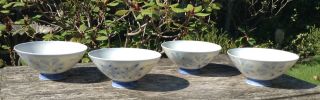 4 Vintage Porcelain Hand Painted Blue Flower Signed Japanese Chinese Rice Bowls