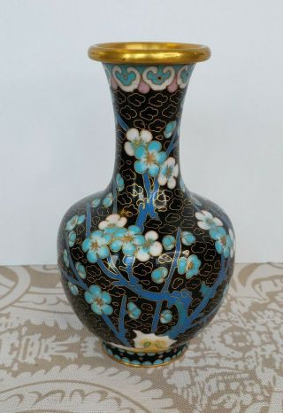 Vintage Chinese Cloisonne Bud Vase Blue Floral Flowers & Bird Brass 5 " Cloissone