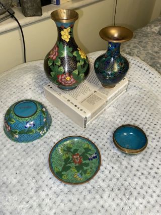 Set Of 5 Vintage Chinese Cloisonne Enamel Vases And Bowls