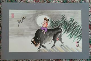 Charming Oriental Chinese Watercolour Of A Boy Playing Flute On A Oxen Vintage