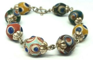 Antique Old Phoenician Glass Rare Beads Bracelet Sterling Silver 8.  5 " Art Deco