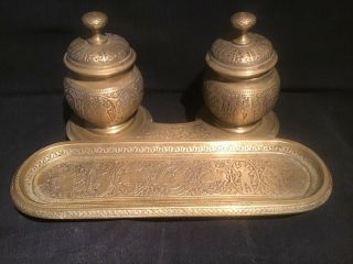 Persian Or Indian? Gilt Bronze Double Ink Stand With Ink Wells Lacking Liners