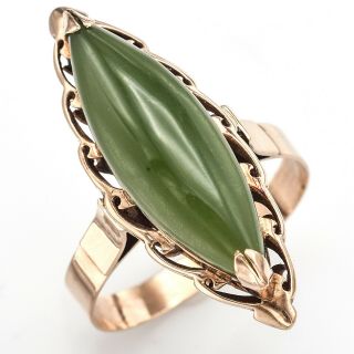 Vintage 14k Yellow Gold Green Jade Marquise Cocktail Ring 4.  5 Grams Size 10