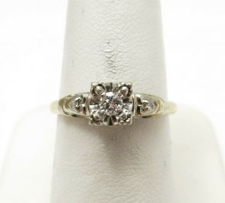 Vintage 14k Two - Tone Gold 1/10ctw Diamond Heart Accented Solitaire Ring Size 6