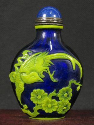 Chinese Plum Blossom Birds Carved Peking Overlay Glass Snuff Bottle