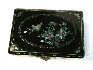 Vintage Black Lacquered Chinese Oriental Mother Of Pearl Inlaid Jewelry Box