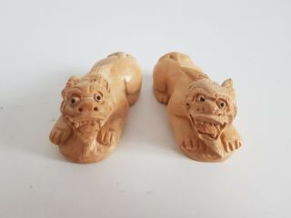 2 Vintage Chinese Hand Carved Wood Foo Lions.  Buff Stone Colour