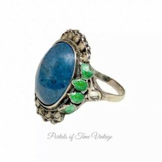 Antique Vtg Sterling Silver Marcasite Blue Stone Ring Arts & Crafts Deco Nouveau