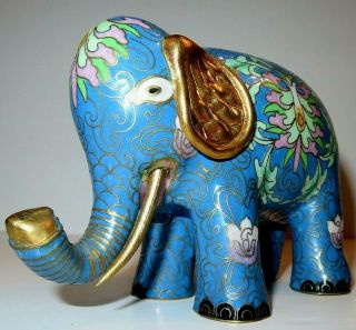 Vintage Decorative Cloisonne Elephant With Trunk Up For Good Luck,  Enamel Brass