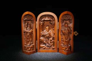 Chinese Natural Boxwood Hand Carved Guan Yu Box Statues 30411