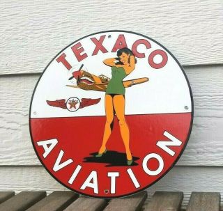 Vintage Texaco Gasoline Porcelain Model Pin Up Girl Usa Military Airplane Sign